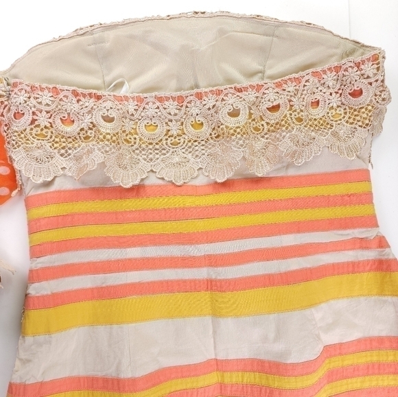Minuet Strapless Embroidered Orange Tan Striped Dress Sz M - Picture 5 of 15